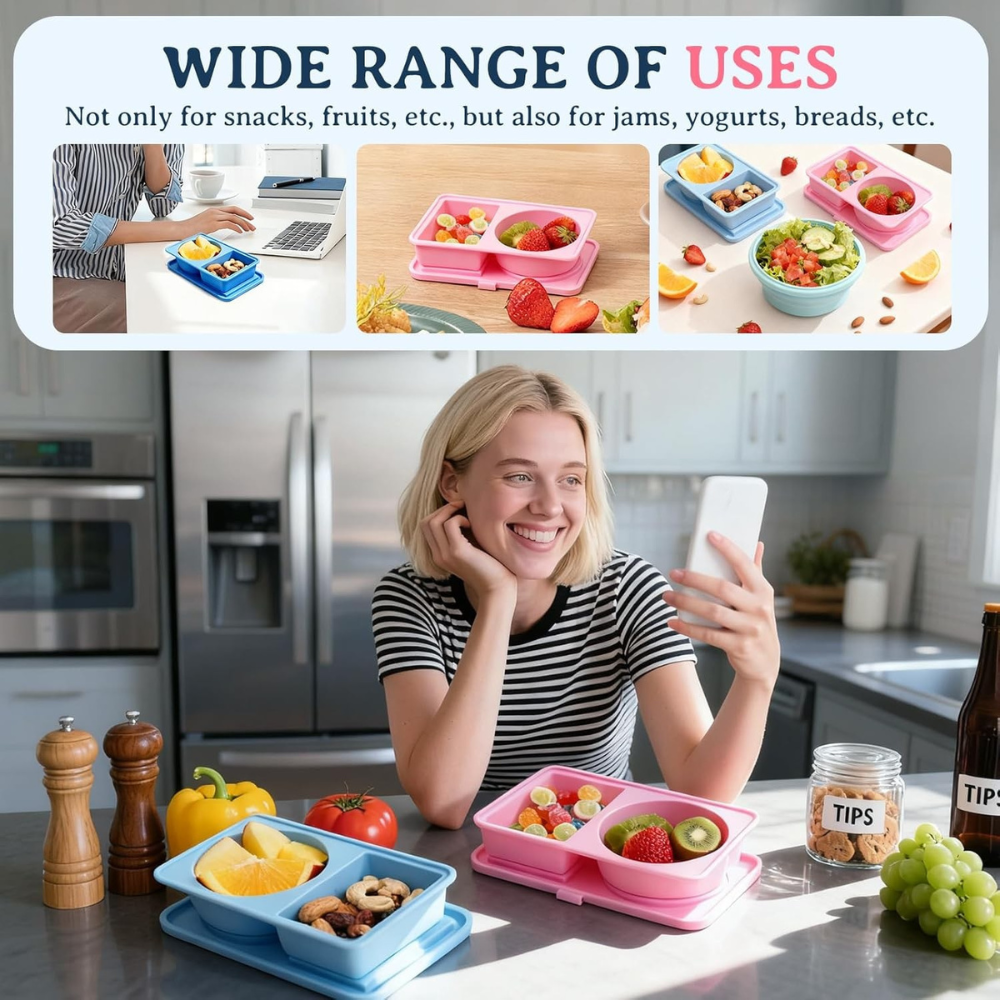 4-Pack Collapsible Silicone Snack & Meal Container Set (Pink/Blue)