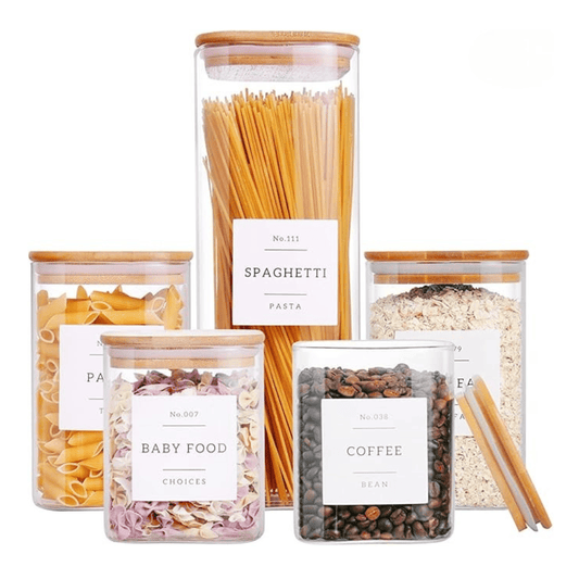 Set of 5 Airtight Glass Jars with Bamboo Lids - Includes 132 Pantry Labels