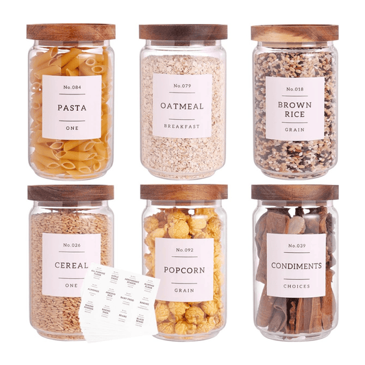 Set of 6 Round Airtight Glass Jars with Acacia Wood Lids - Includes 132 Labels