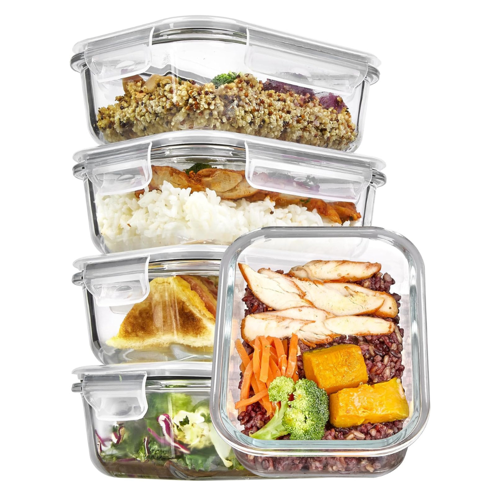 Set of 5 Glass Meal Prep Containers with Grey Airtight Lids