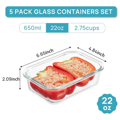 Set of 5 Glass Meal Prep Containers with Grey Airtight Lids
