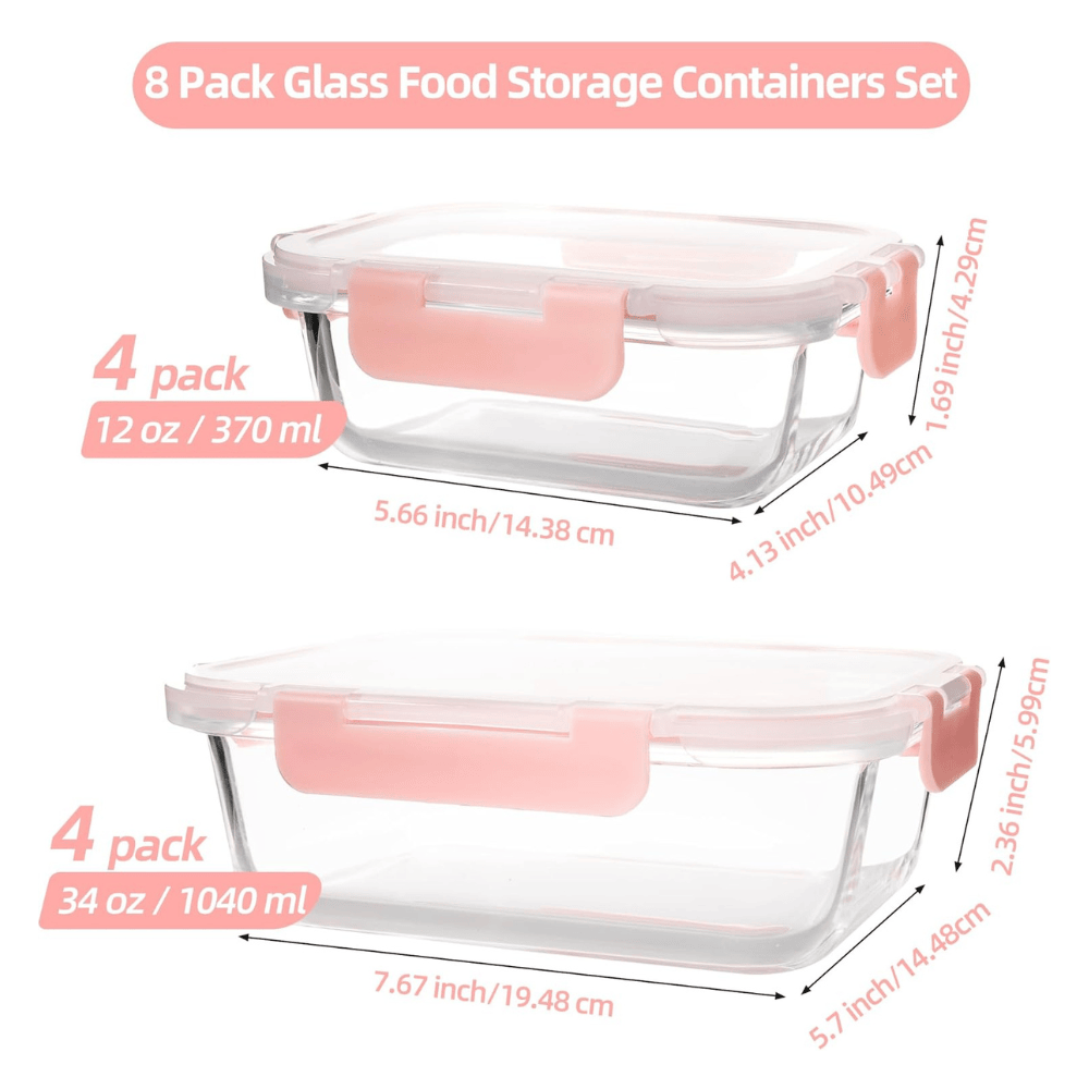 8-Pack Mixed Glass Meal Prep Containers with Pink Airtight Lids