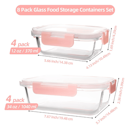 8-Pack Mixed Glass Meal Prep Containers with Pink Airtight Lids