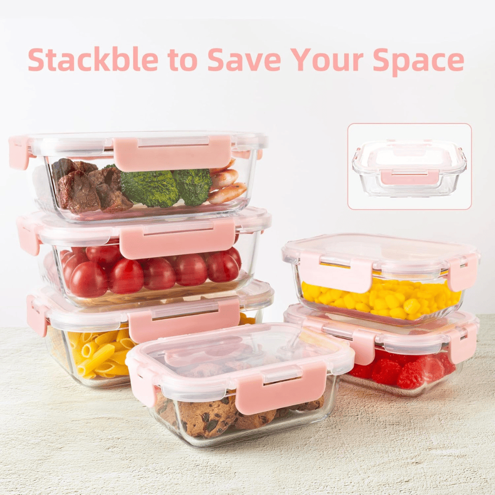 8-Pack Mixed Glass Meal Prep Containers with Pink Airtight Lids