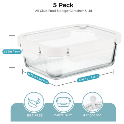 Set of 5 Large Glass Meal Prep Containers with Glass Lids & Steam Vents