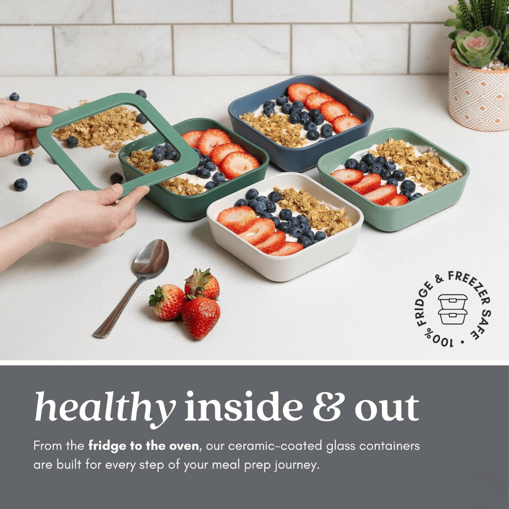 Ceramic Coated Glass Meal Prep Containers with Glass Lids - Crema