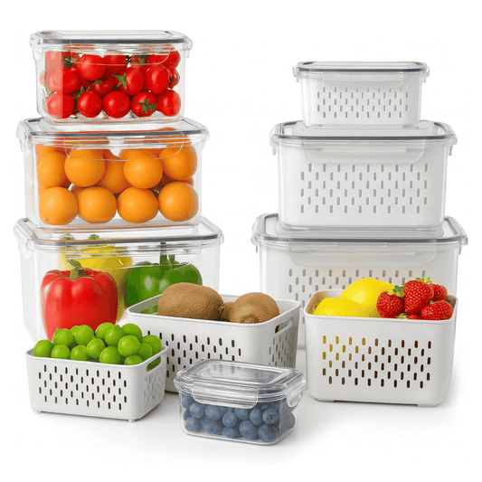 Set of 3 Fridge Produce Savers with Removable Drain Baskets - Beige