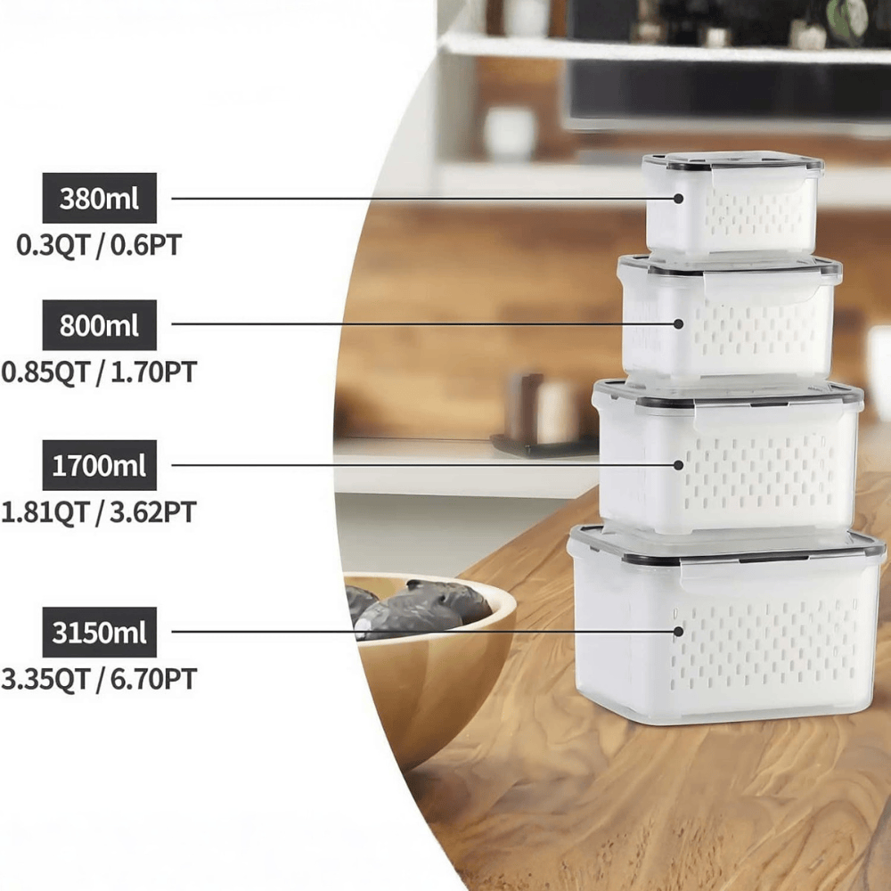 Set of 3 Fridge Produce Savers with Removable Drain Baskets - Beige