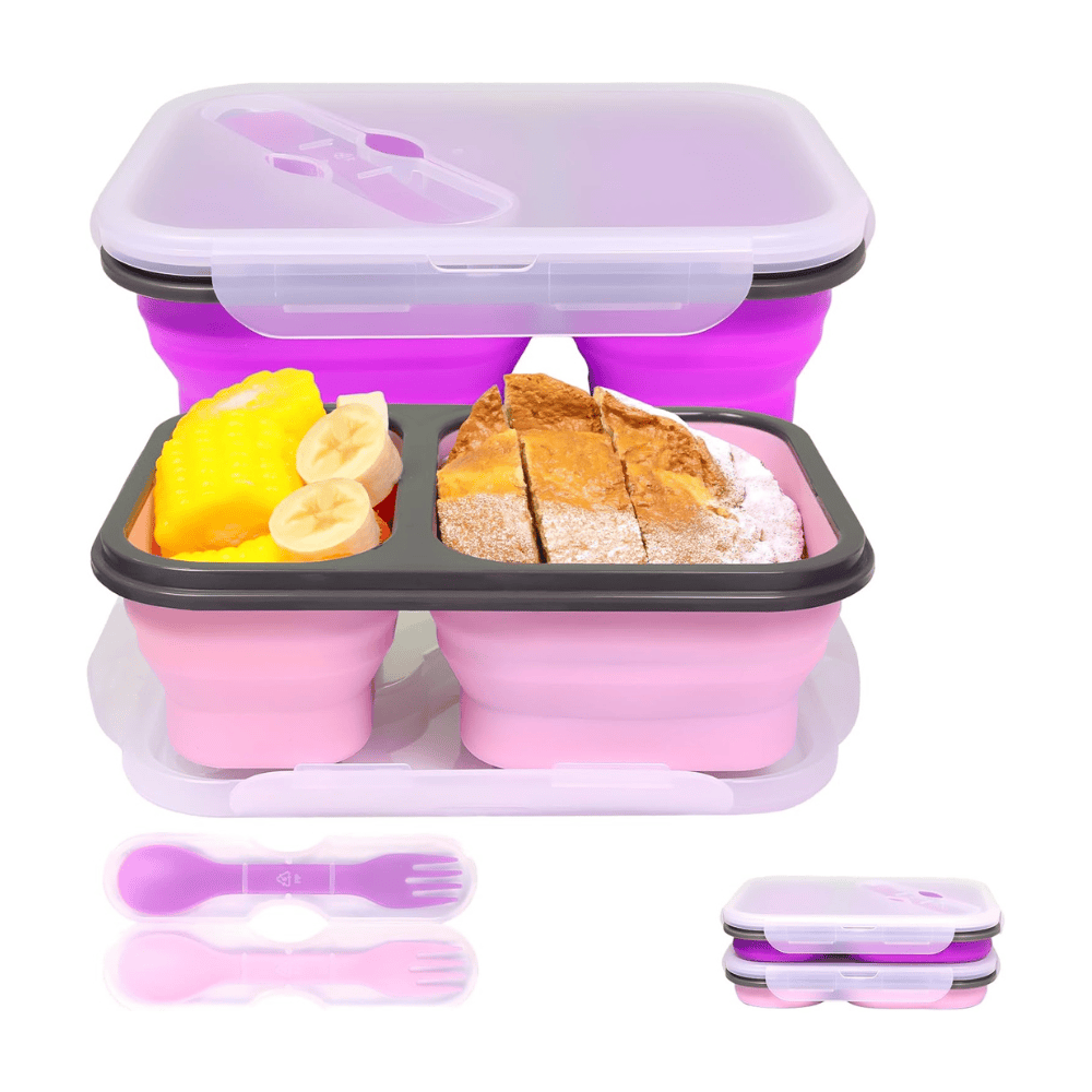 Set of 2 Collapsible Silicone Lunch Boxes (Pink & Purple)