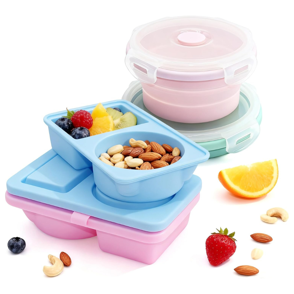 4-Pack Collapsible Silicone Snack & Meal Container Set (Pink/Blue)